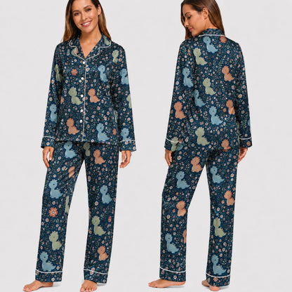 PJ-033-Satin Floral Dinosaur White Piping Button Up Long/Short Pajama Set