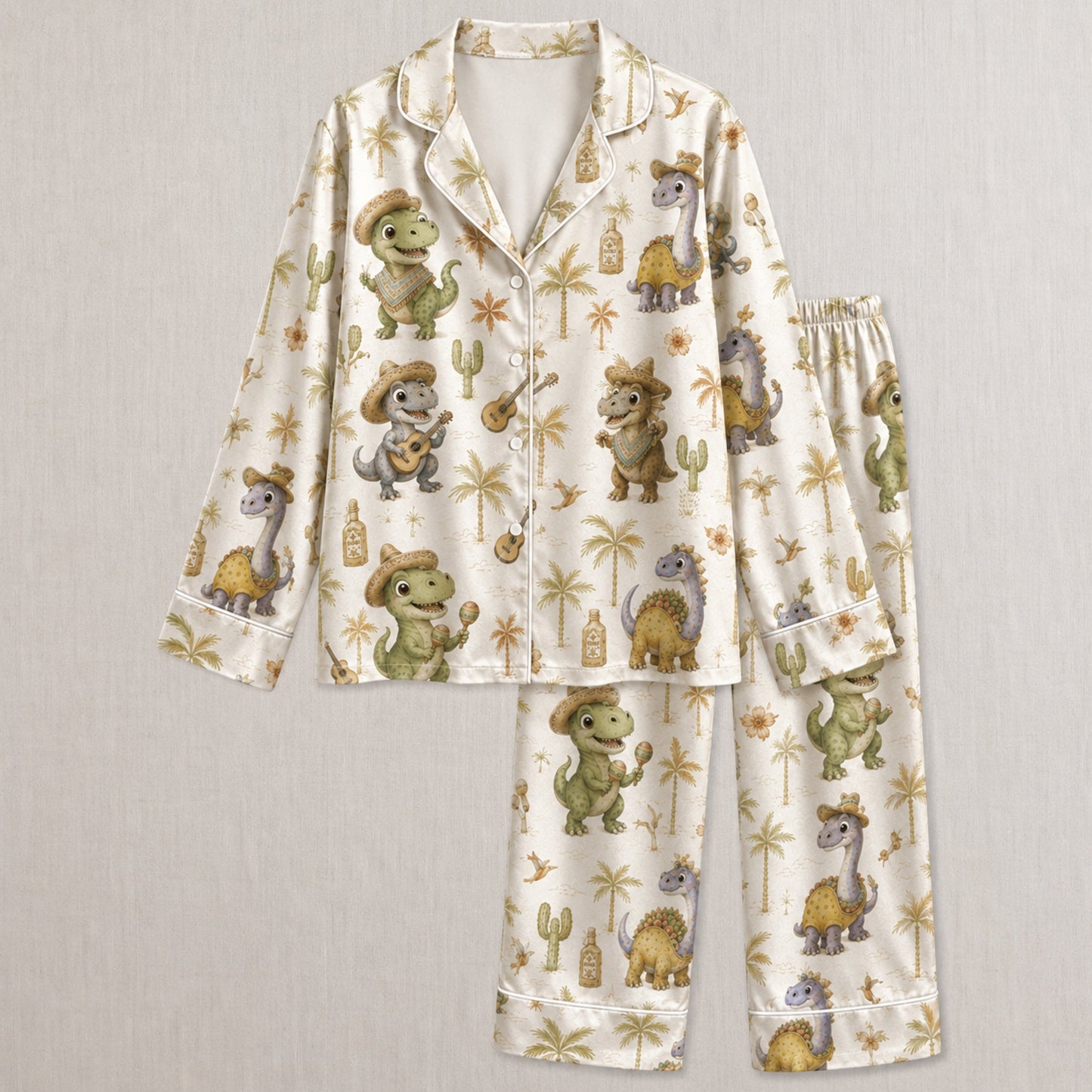 PJ-034-Satin Fiesta Dinosaur White Piping Button Up Long/Short Pajama Set