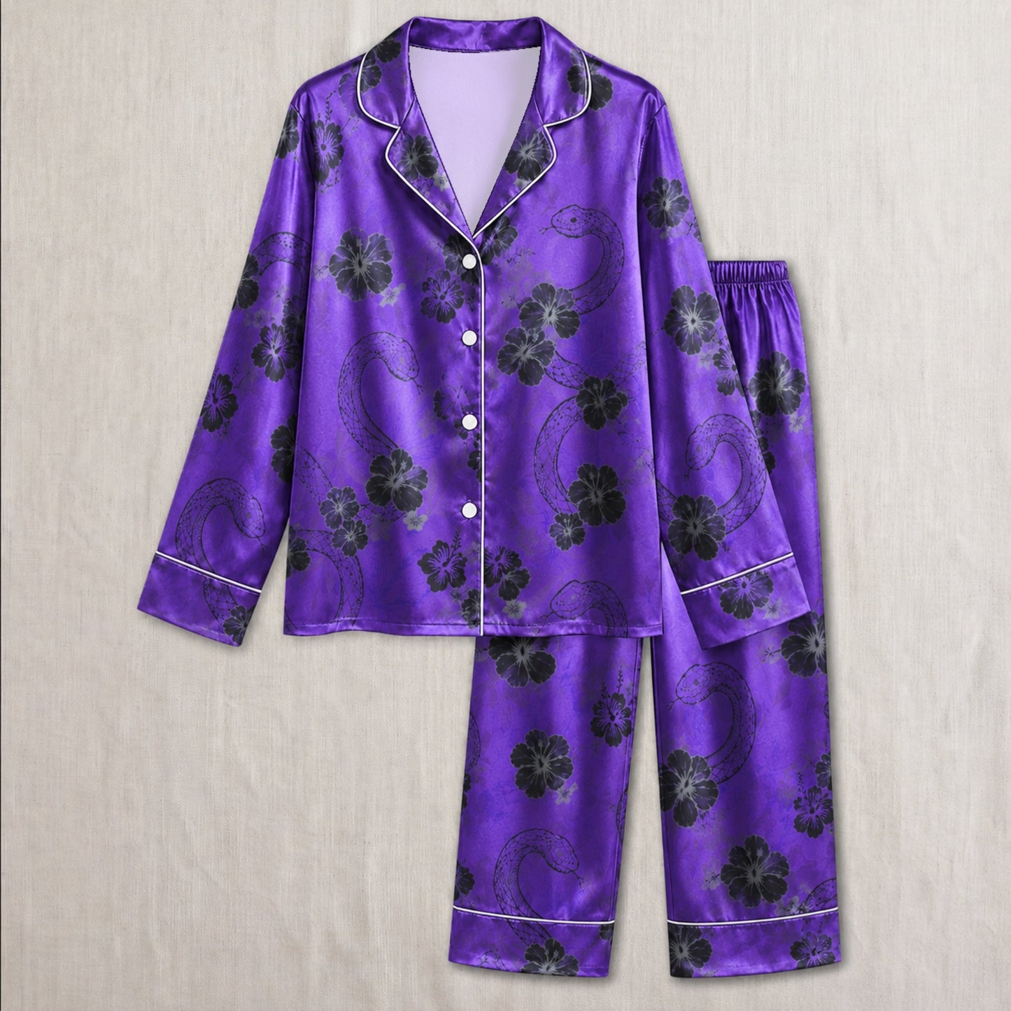 PJ-036-Satin Purple Floral Snake Button Up Pajama Set