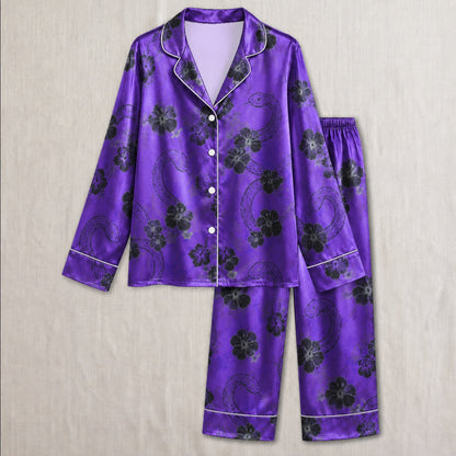 PJ-036-Satin Purple Floral Snake Button Up Pajama Set
