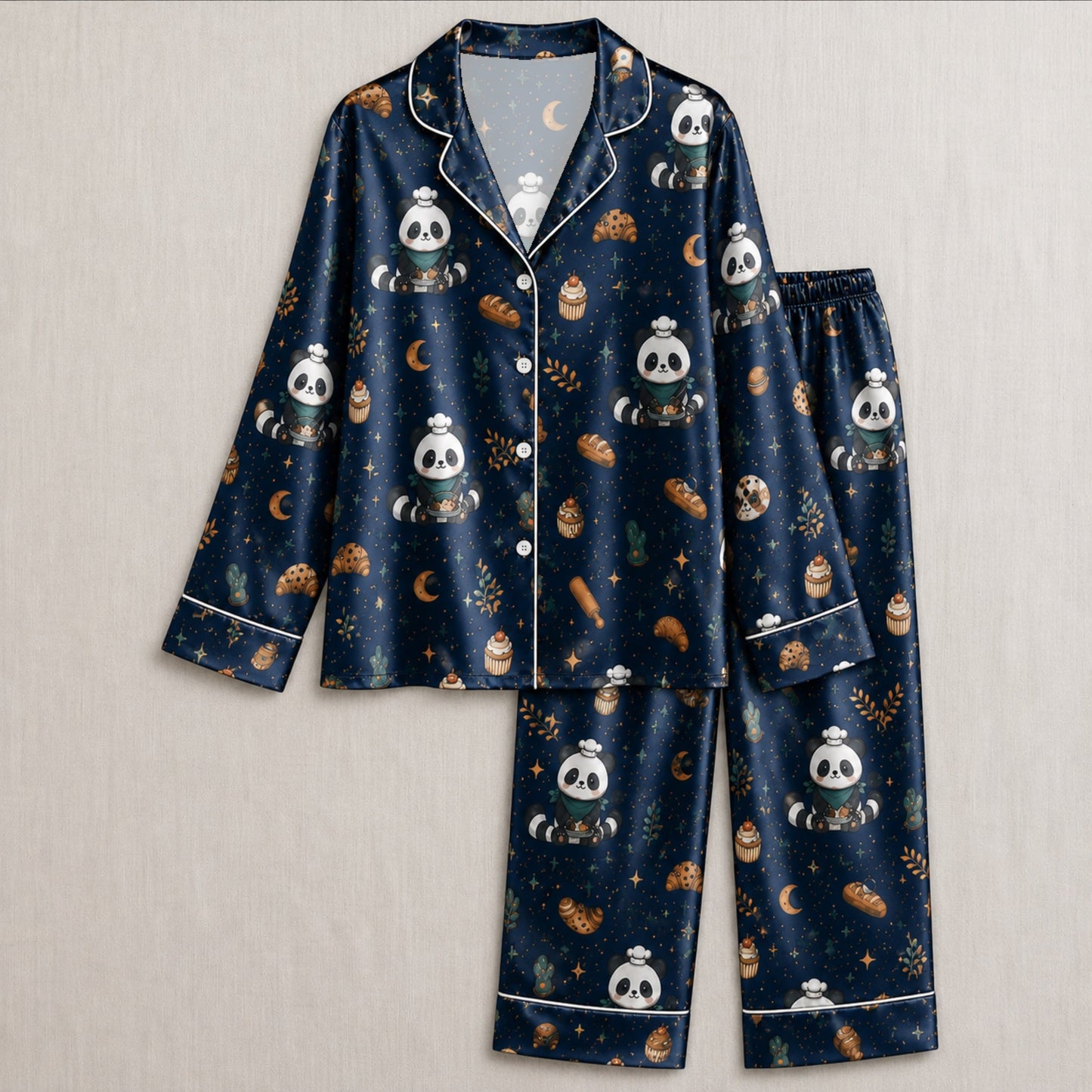 PJ-037-Satin Baker Panda White Piping Button Up Pajama Set
