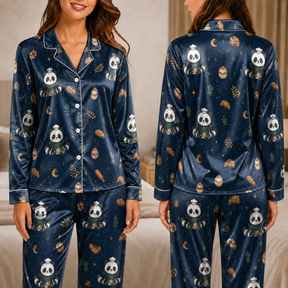 PJ-037-Satin Baker Panda White Piping Button Up Pajama Set