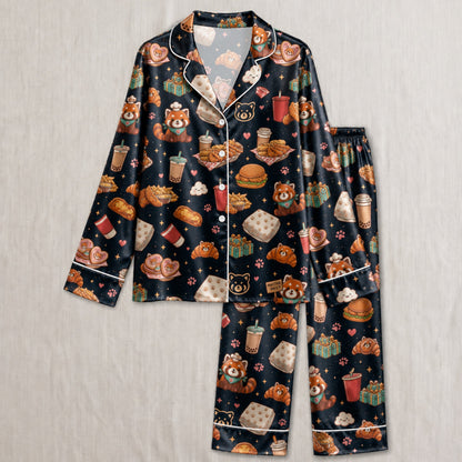 PJ-038-Satin Foodie Red Panda White Piping Button Up Pajama Set
