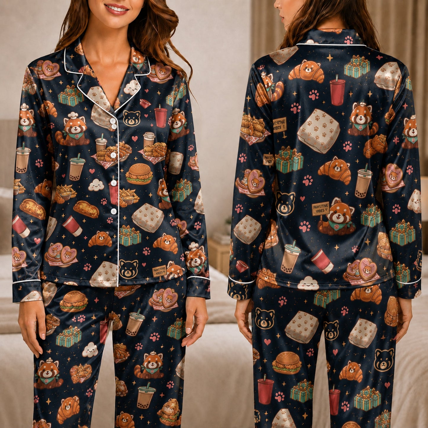 PJ-038-Satin Foodie Red Panda White Piping Button Up Pajama Set