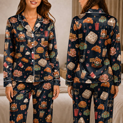 PJ-038-Satin Foodie Red Panda White Piping Button Up Pajama Set
