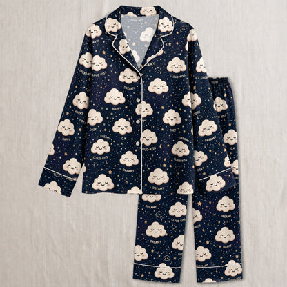 PJ-039-Satin Dreamy Cloud White Piping Button Up Pajama Set