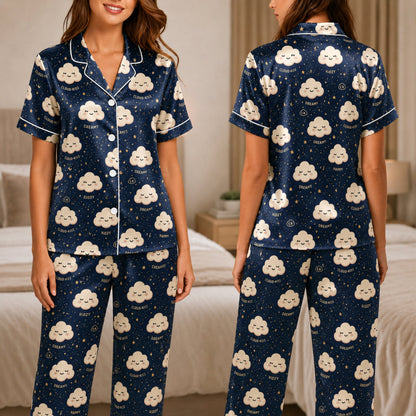 PJ-039-Satin Dreamy Cloud White Piping Button Up Pajama Set