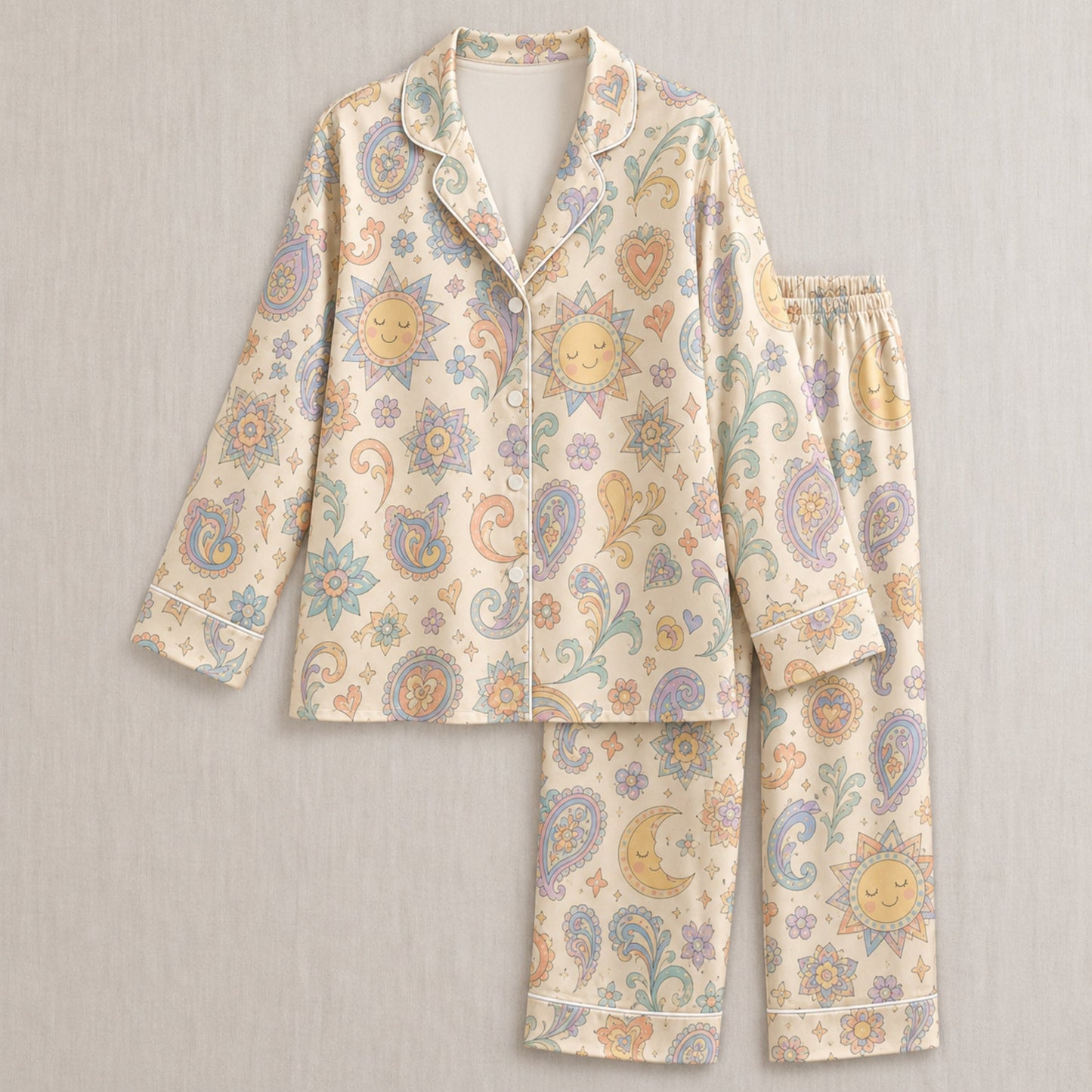 PJ-040-Satin Pastel Celestial White Piping Button Up Pajama Set