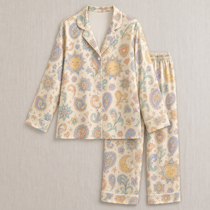 PJ-040-Satin Pastel Celestial White Piping Button Up Pajama Set