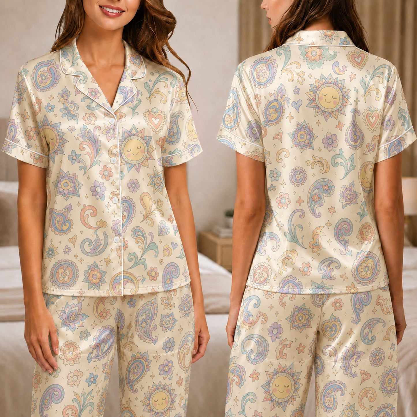 PJ-040-Satin Pastel Celestial White Piping Button Up Pajama Set