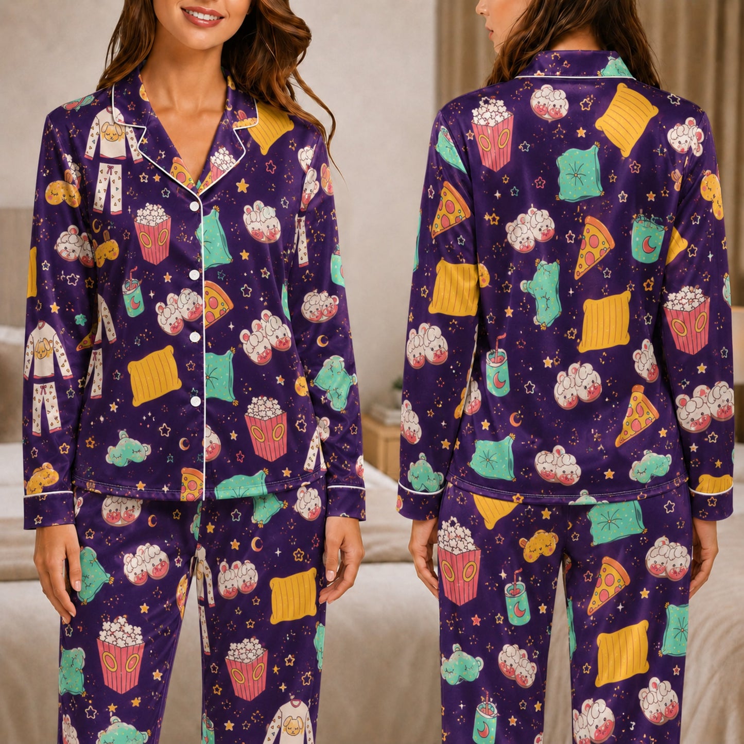 PJ-041-Satin Purple Slumber Party White Piping Button Up Pajama Set