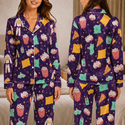 PJ-041-Satin Purple Slumber Party White Piping Button Up Pajama Set