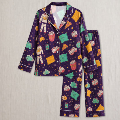 PJ-041-Satin Purple Slumber Party White Piping Button Up Pajama Set