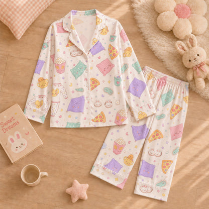 PJ-042-Satin Pastel Slumber Party Pink Piping Button Up Long Pajama Set