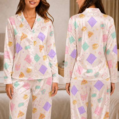 PJ-042-Satin Pastel Slumber Party Pink Piping Button Up Long Pajama Set