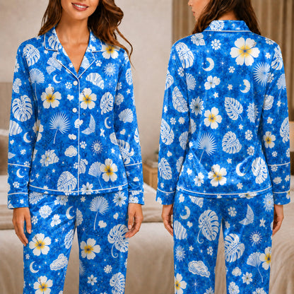 PJ-043-Satin Blue Tropical Floral White Piping Button Up Long/Short Pajama Set