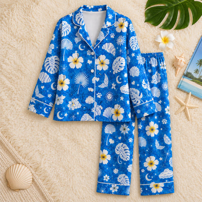 PJ-043-Satin Blue Tropical Floral White Piping Button Up Long/Short Pajama Set
