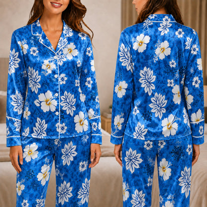 PJ-044-Satin Blue Floral White Piping Button Up Pajama Set