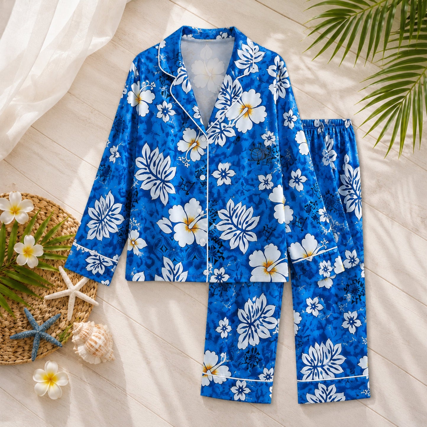 PJ-044-Satin Blue Floral White Piping Button Up Pajama Set