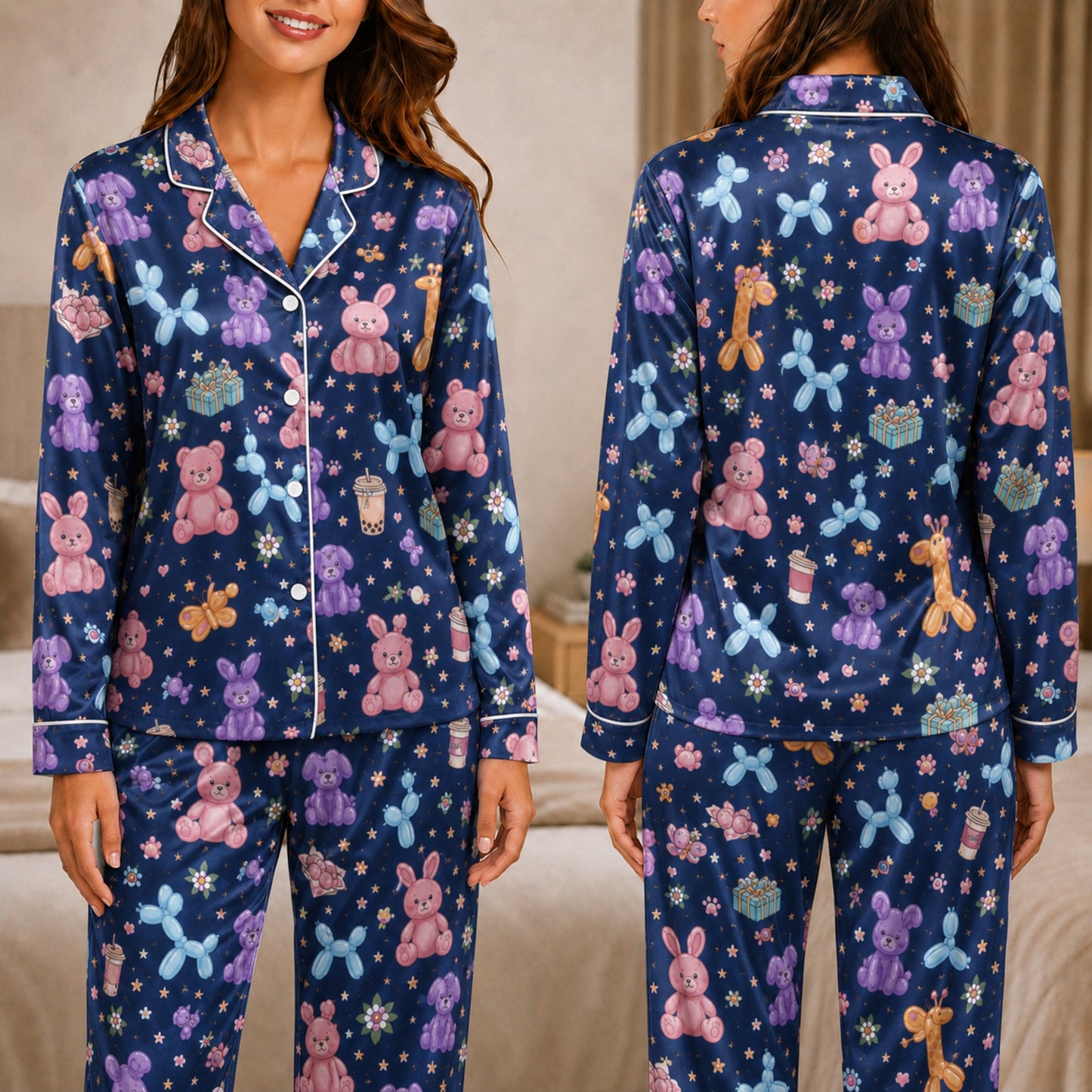 PJ-045-Satin Navy Balloon Animal & Plushie White Piping Button Up Pajama Set