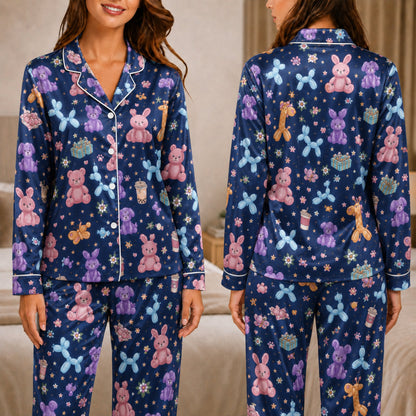 PJ-045-Satin Navy Balloon Animal & Plushie White Piping Button Up Pajama Set
