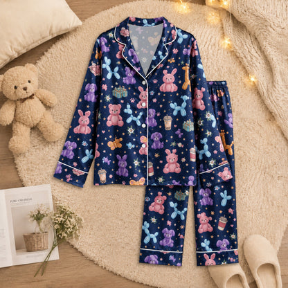 PJ-045-Satin Navy Balloon Animal & Plushie White Piping Button Up Pajama Set