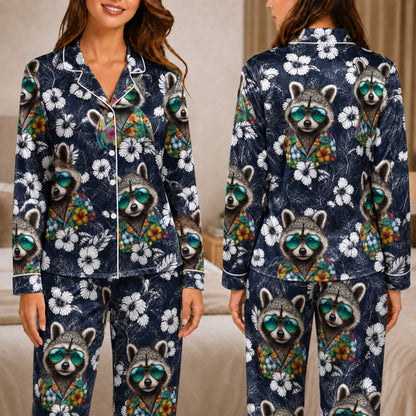 PJ-046-Satin Navy Tropical Raccoon White Piping Button Up Pajama Set