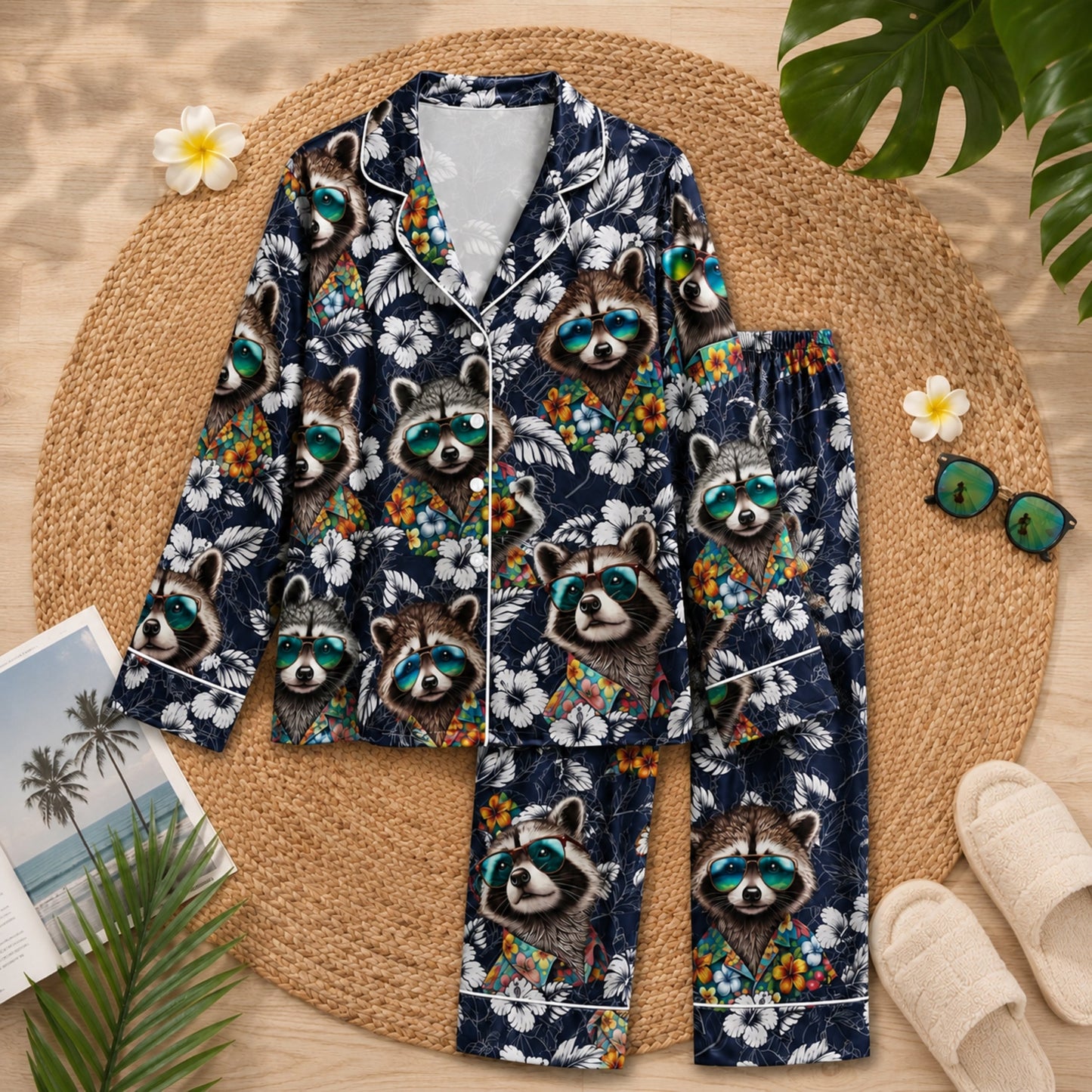 PJ-046-Satin Navy Tropical Raccoon White Piping Button Up Pajama Set