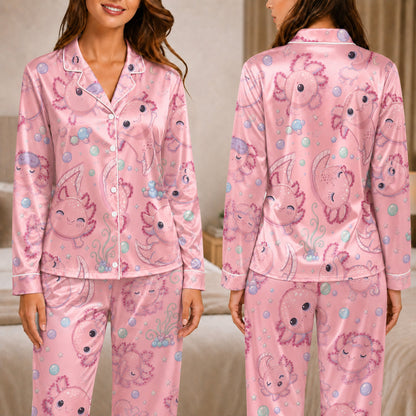 PJ-047-Satin Pink Axolotl White Piping Button Up Pajama Set