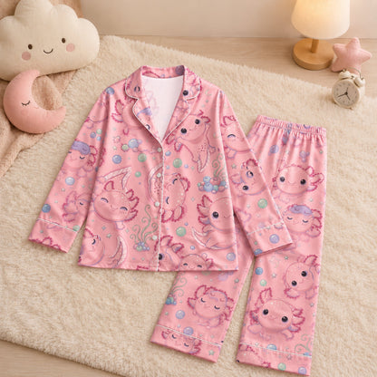 PJ-047-Satin Pink Axolotl White Piping Button Up Pajama Set