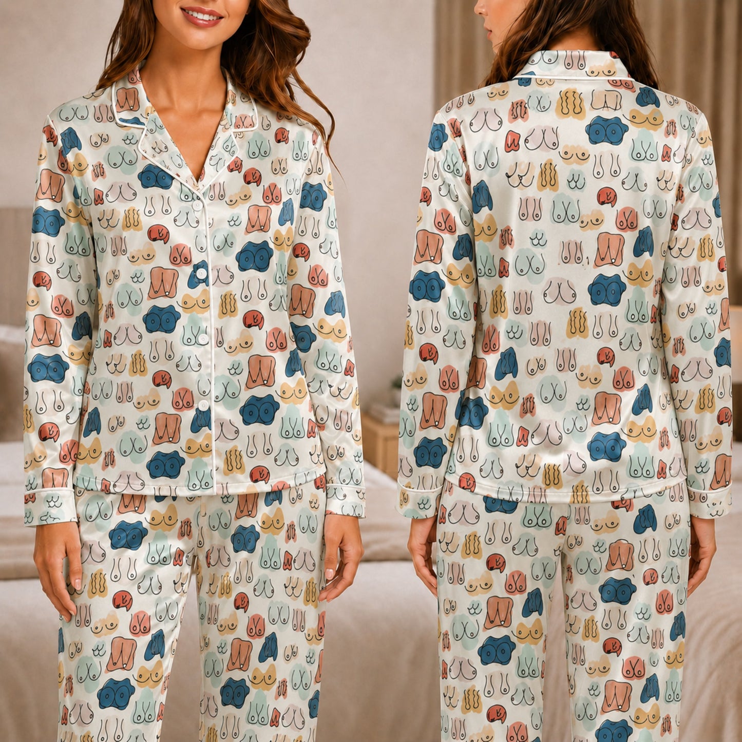 PJ-048-Satin Colorful Abstract Line Art White Piping Button Up Pajama Set
