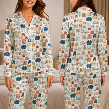 PJ-048-Satin Colorful Abstract Line Art White Piping Button Up Pajama Set