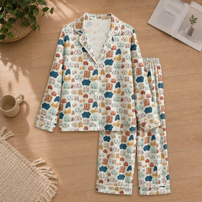 PJ-048-Satin Colorful Abstract Line Art White Piping Button Up Pajama Set