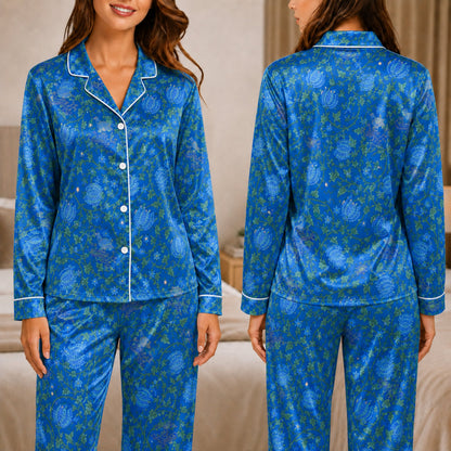 PJ-049-Satin Blue Vintage Botanical White Piping Button Up Pajama Set