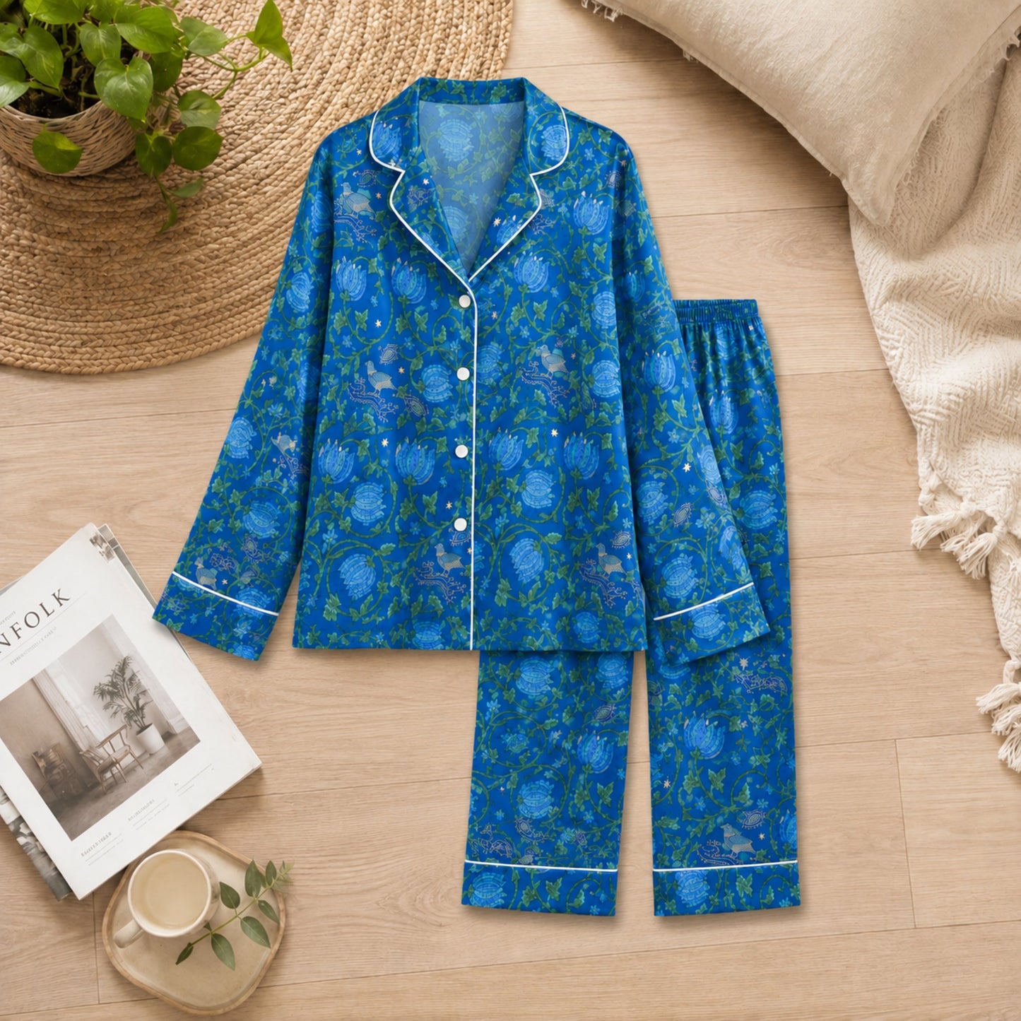 PJ-049-Satin Blue Vintage Botanical White Piping Button Up Pajama Set