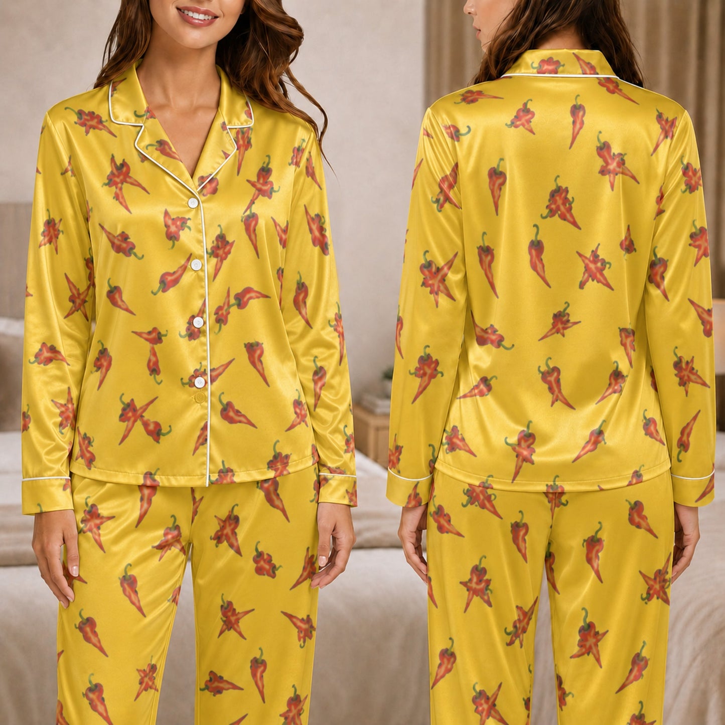 PJ-050-Spicy Chili Pajama Set Featuring Vibrant Red Pepper Artwork
