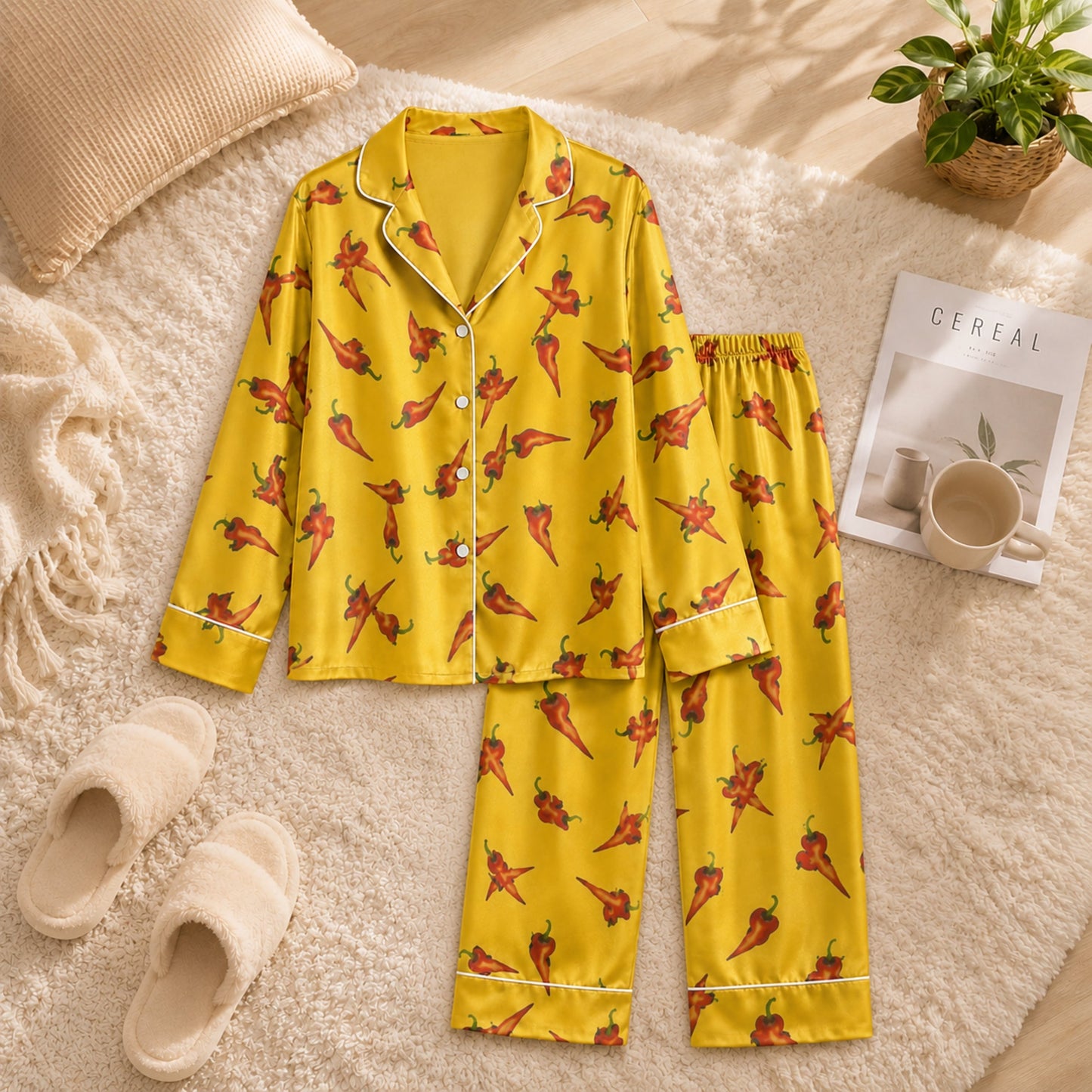 PJ-050-Spicy Chili Pajama Set Featuring Vibrant Red Pepper Artwork
