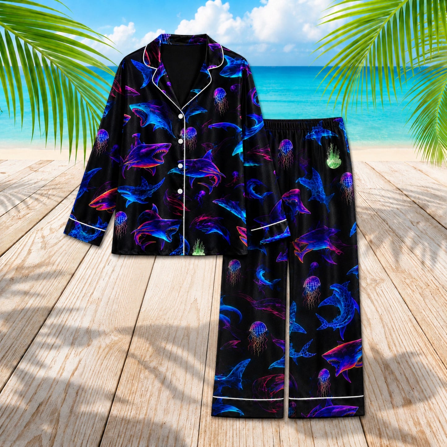PJ-052-Neon Shark Print Pajama Set Featuring Glowing Ocean Creatures and Jellyfish Artwork