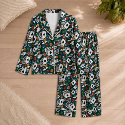 PJ-054-Casino Print Pajama Set Featuring Playing Cards, Poker Chips, Dice, and Gaming Artwork