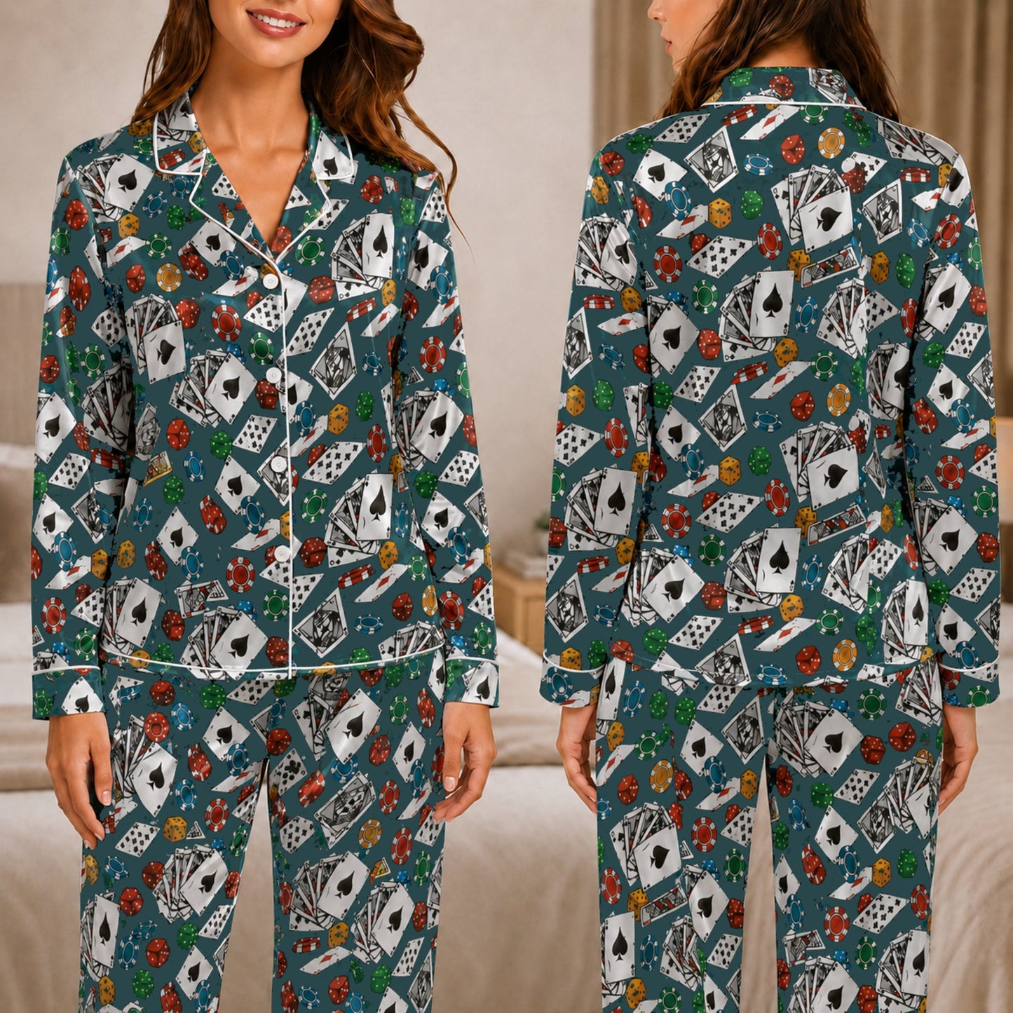 PJ-054-Casino Print Pajama Set Featuring Playing Cards, Poker Chips, Dice, and Gaming Artwork