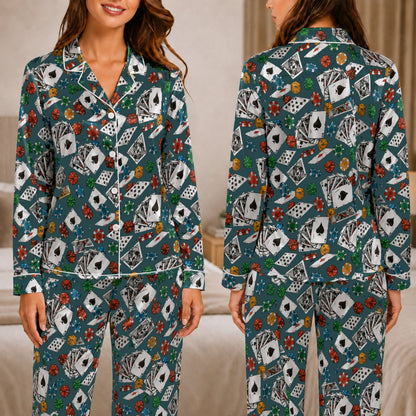 PJ-054-Casino Print Pajama Set Featuring Playing Cards, Poker Chips, Dice, and Gaming Artwork