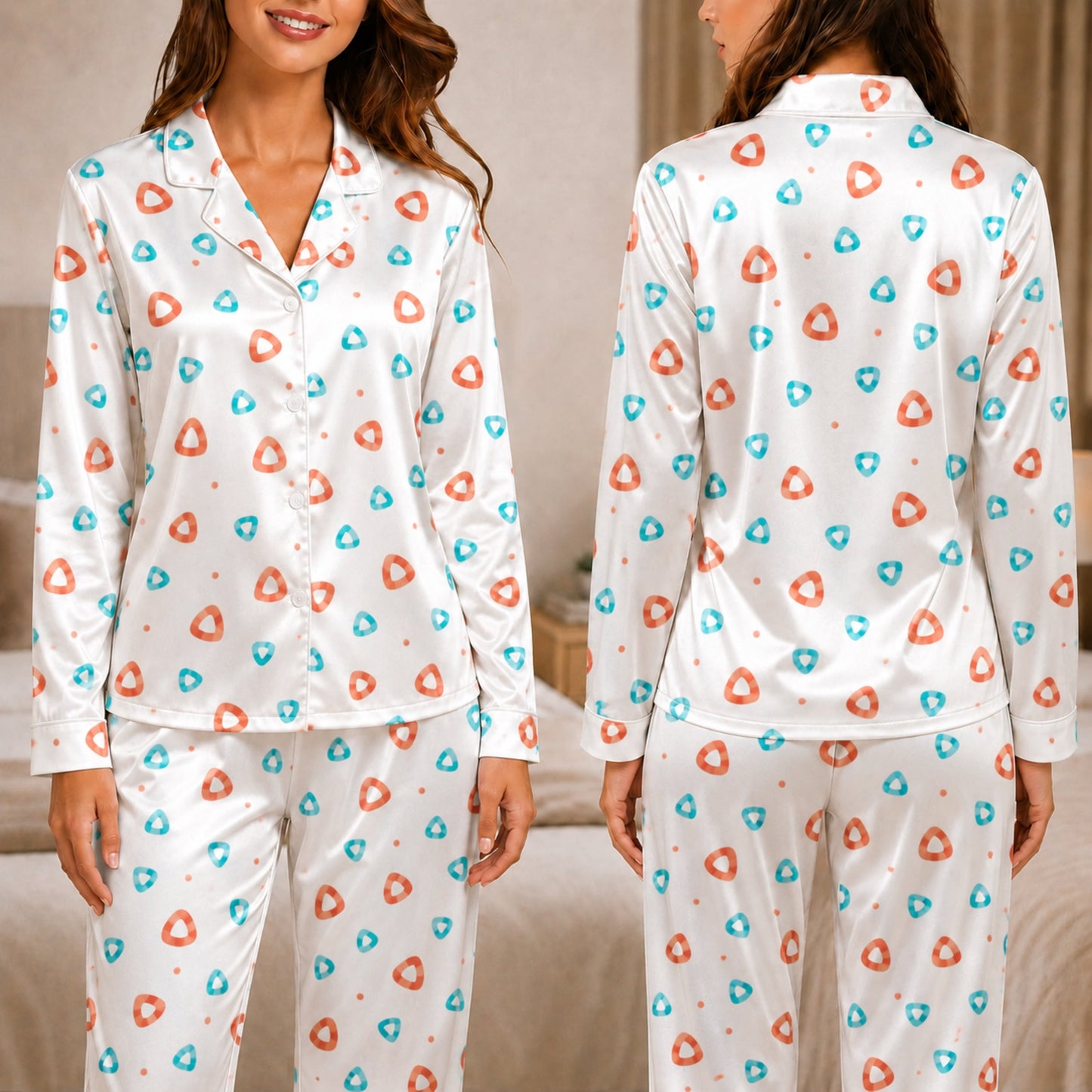 PJ-055-Geometric Print Pajama Set Featuring Colorful Rounded Triangles and Playful Abstract Pattern Design