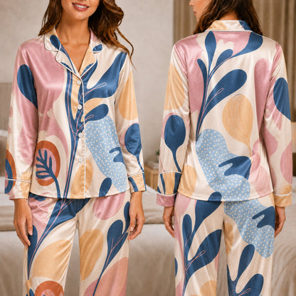 PJ-057-Satin White Abstract Botanical White Piping Button Up Pajama Set