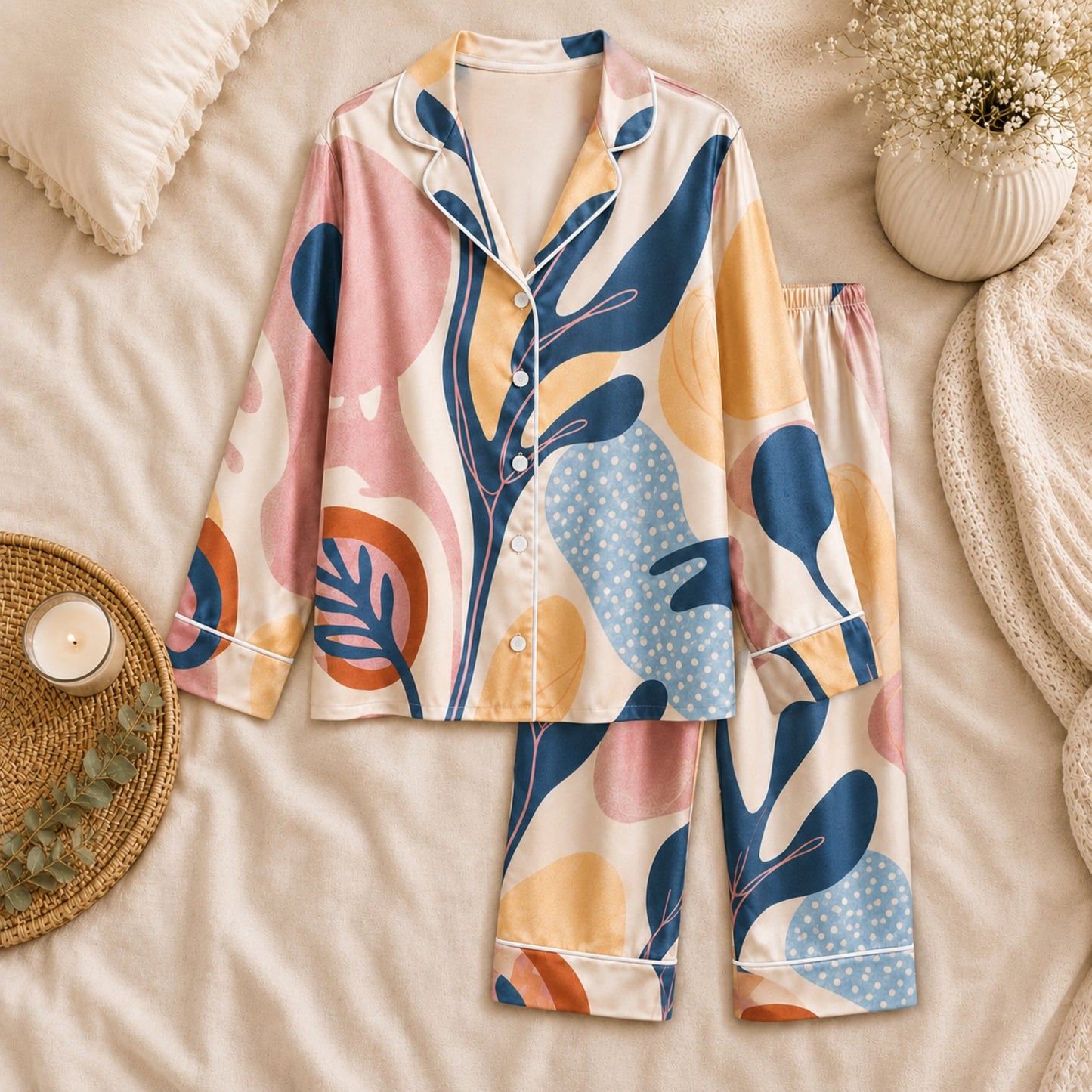 PJ-057-Satin White Abstract Botanical White Piping Button Up Pajama Set