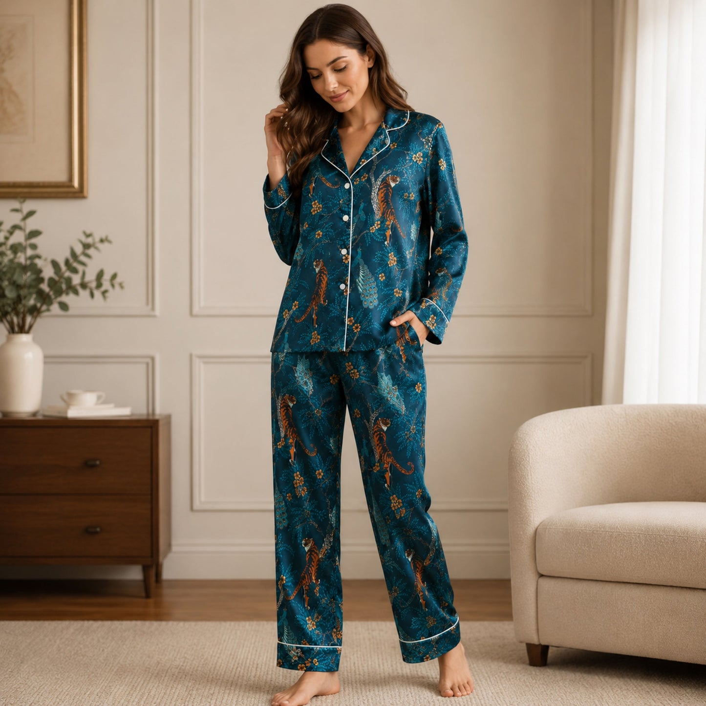 PJ-058-Satin Teal Exotic Jungle White Piping Button Up Pajama Set
