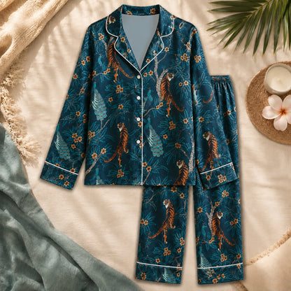 PJ-058-Satin Teal Exotic Jungle White Piping Button Up Pajama Set