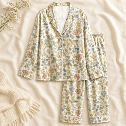 PJ-059-Satin Cream Vintage Floral White Piping Button Up Pajama Set