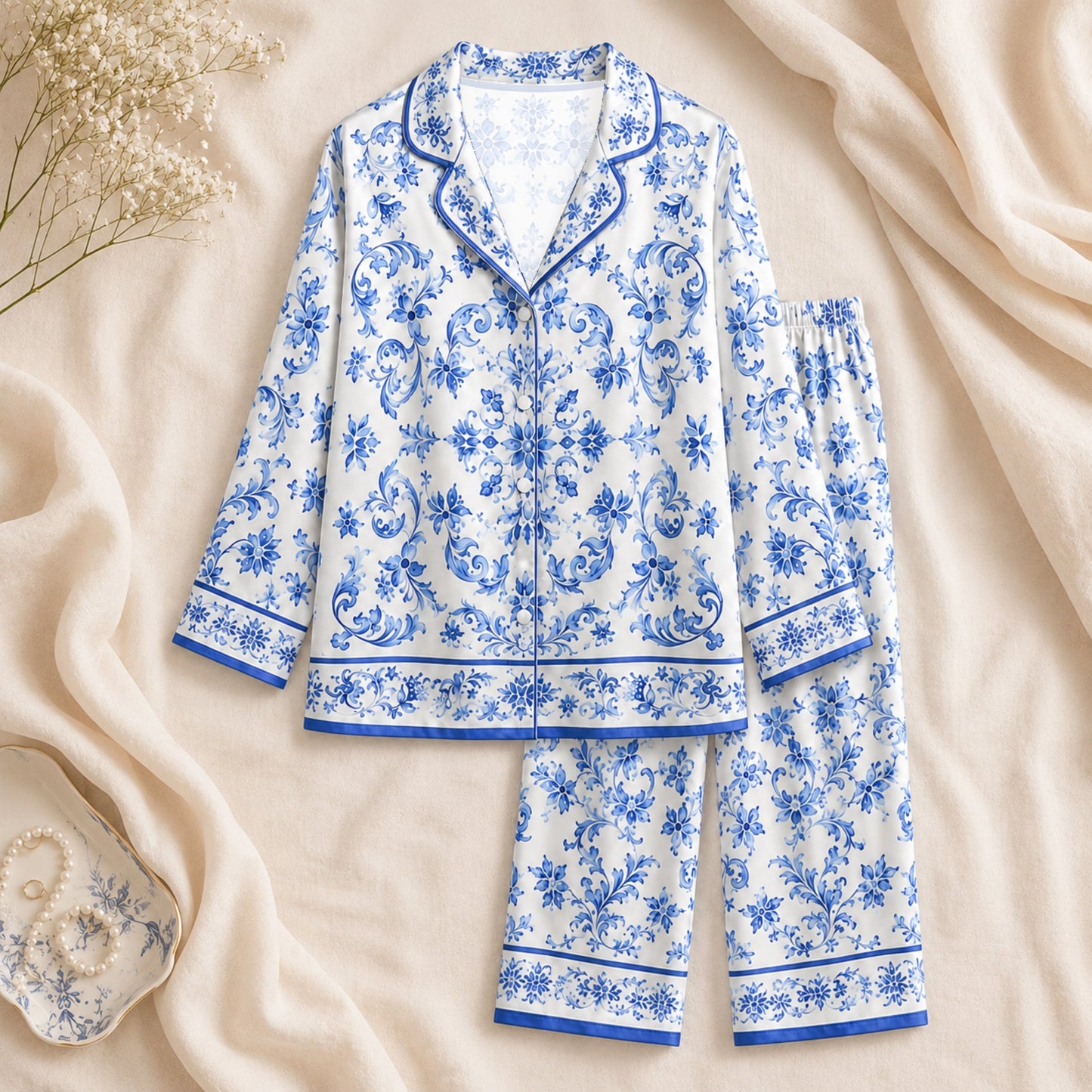 PJ-060-Satin White Porcelain Floral Blue Piping Button Up Pajama Set