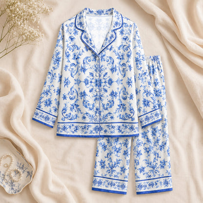 PJ-060-Satin White Porcelain Floral Blue Piping Button Up Pajama Set