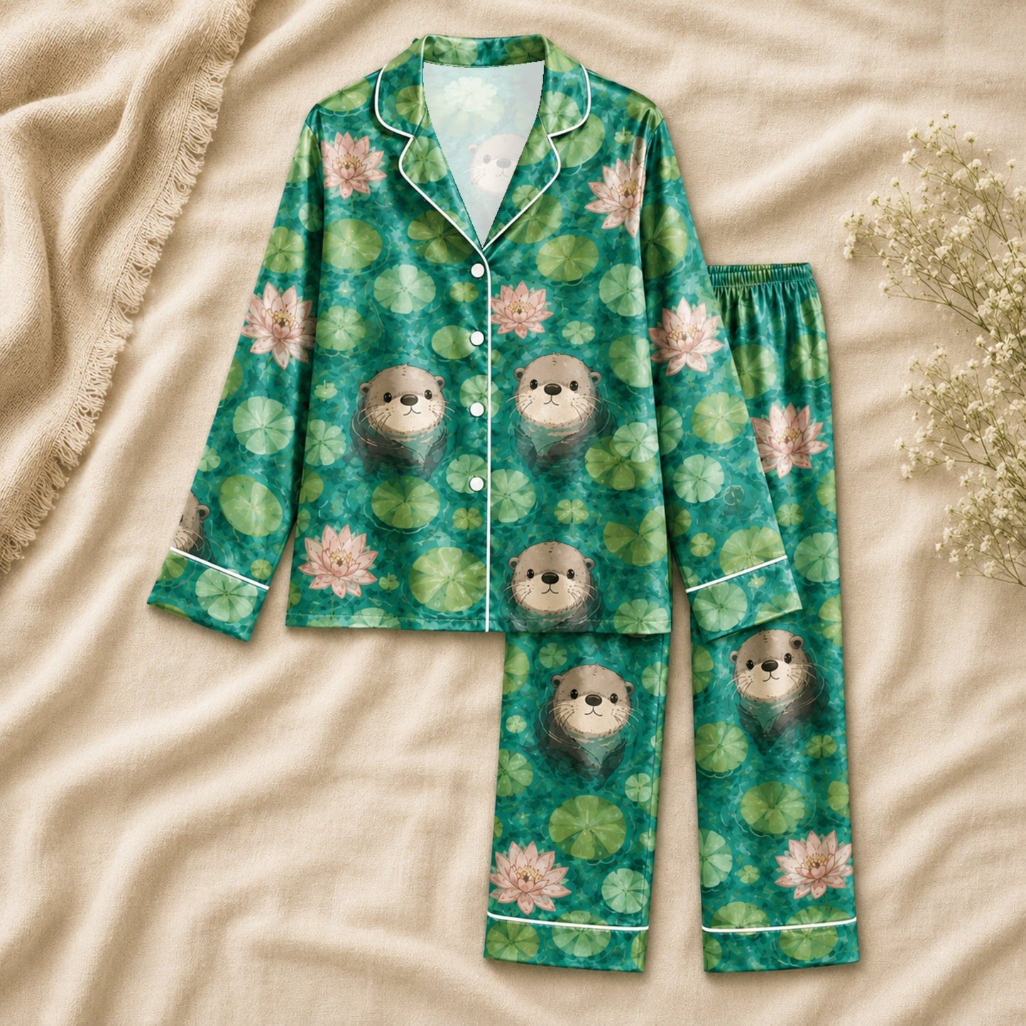 PJ-061-Satin Emerald Otter Pond White Piping Button Up Pajama Set